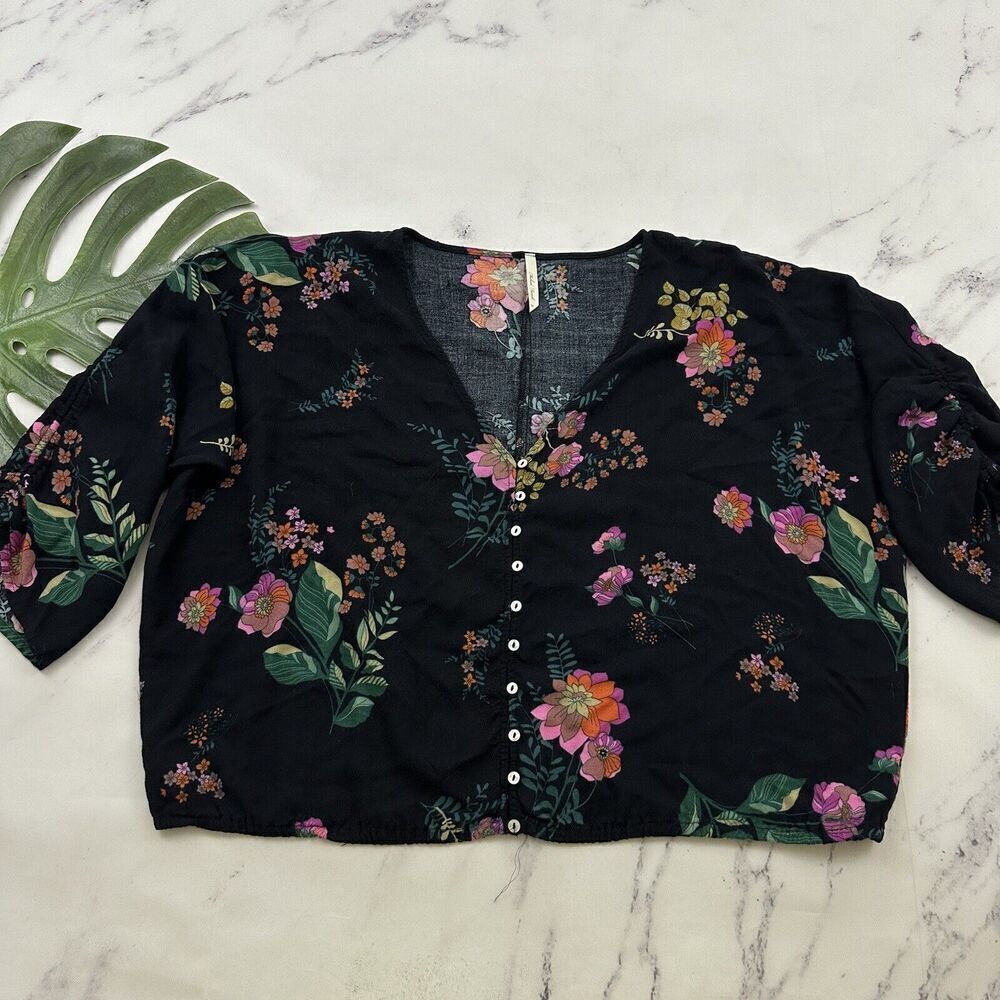 Michael Farrell Womens Blouse Top Size M Black Pink Floral Cropped Tie Trim